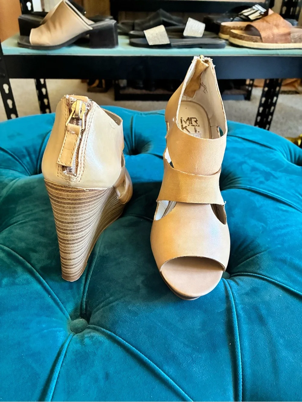 Open-Toe Tan Wedge Sandals with Back Zip